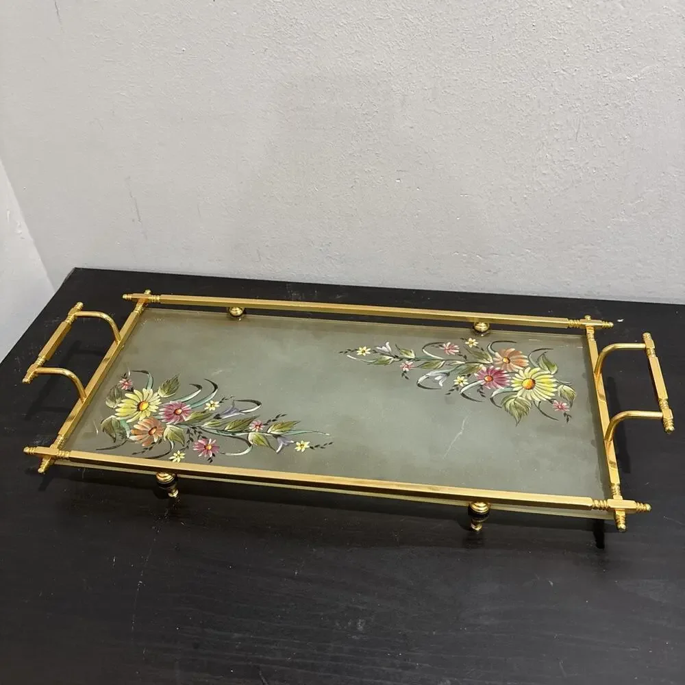 Vintage MCM Hollywood Regency Brass Frame Glass Hand Painted Floral Serving Tray